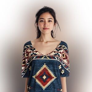 Unbranded blue tan rust southwest print tshirt size XXL cotton blend V neckline